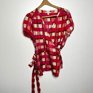 Banana Republic 100% Silk Wrap Top Pink Red Plaid Short Sleeve Blouse Woman's XL